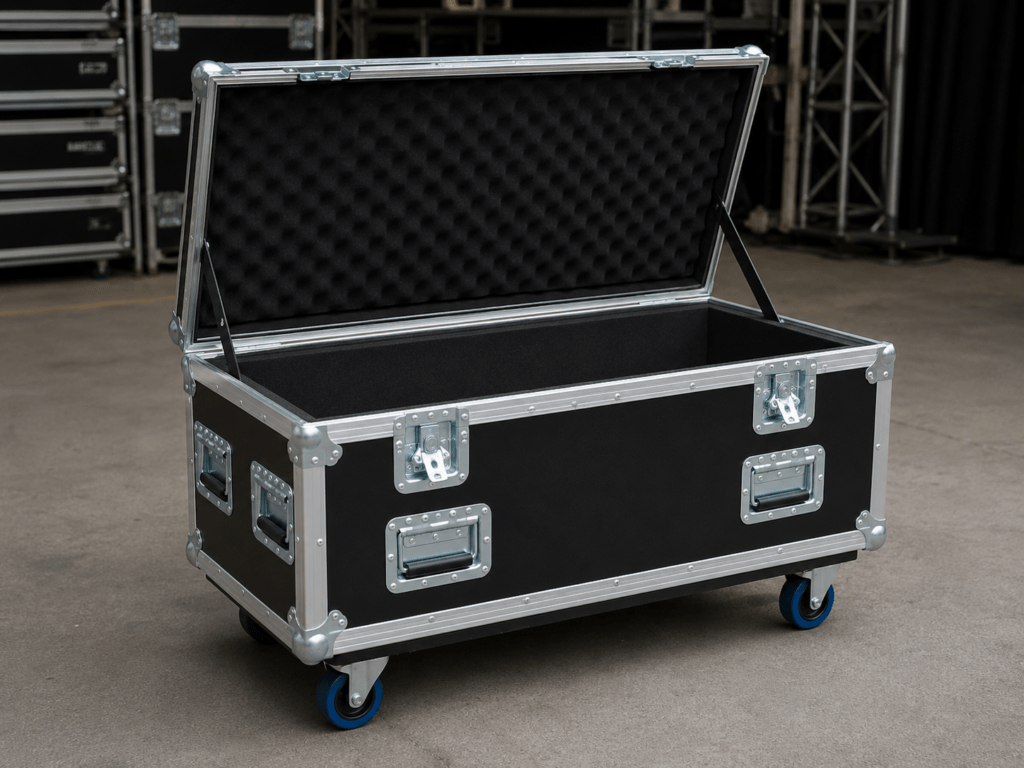 Offenes Flightcase mit Schaumstoffpolsterung und Rollen für sicheren Transport von Veranstaltungstechnik und empfindlichem Equipment.
