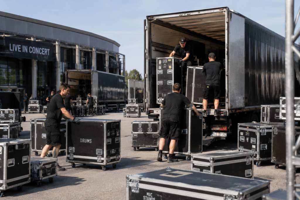Crew belädt einen Tour-LKW mit klassischen Flightcases vor einer Konzerthalle und spielt Tetris mit den Cases.